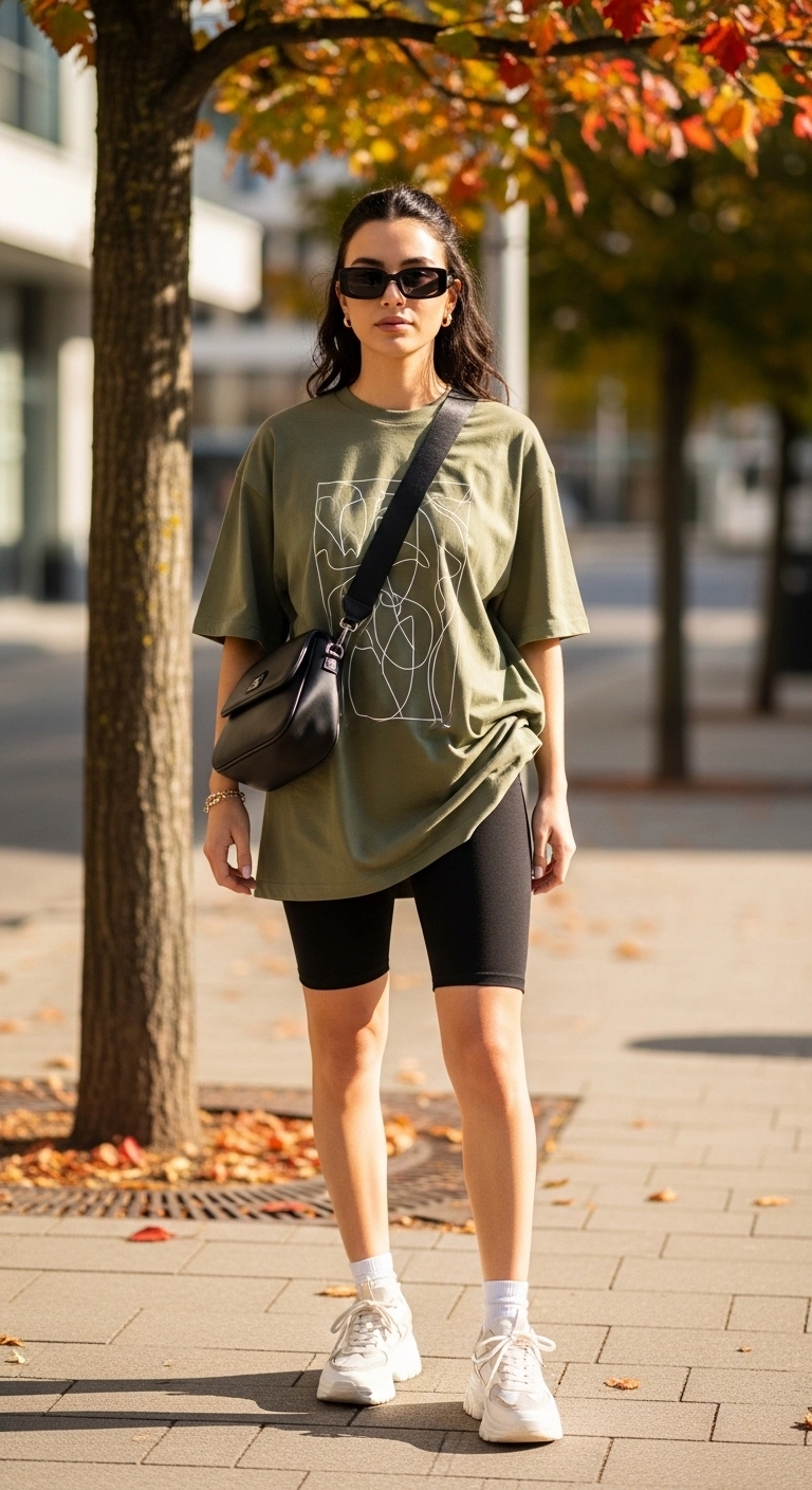 Woman in oversized shirt and bike shorts for summer to fall transition outfits for women in 2025.