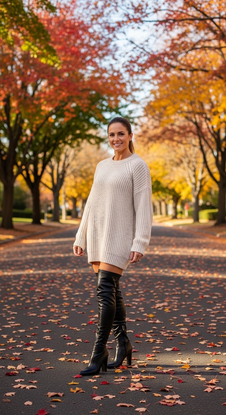Oversized sweater with thigh high boots for fall birthday outfits for women in autumn of 2025
