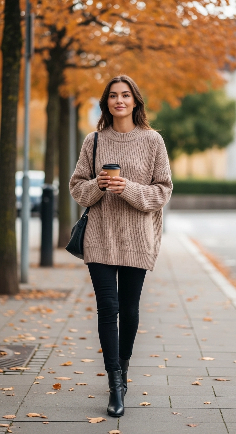 Woman wearing oversized sweater and leggings for comfy fall outfits youll love in autumn 2026