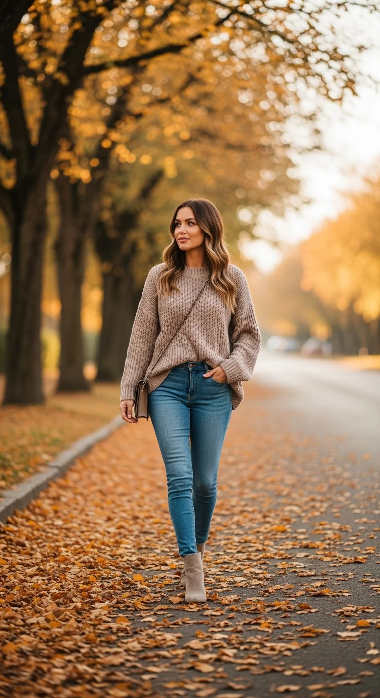 Oversized sweater with skinny jeans casual fall outfits for women in autumn 2025 street style look