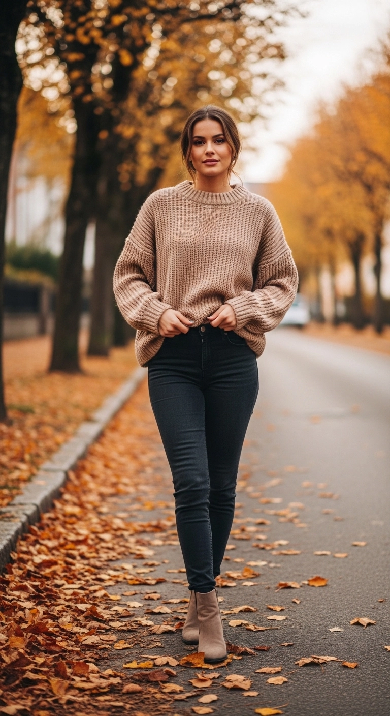Woman wearing oversized sweater and skinny jeans showcasing warm fall outfits for women in autumn 2026