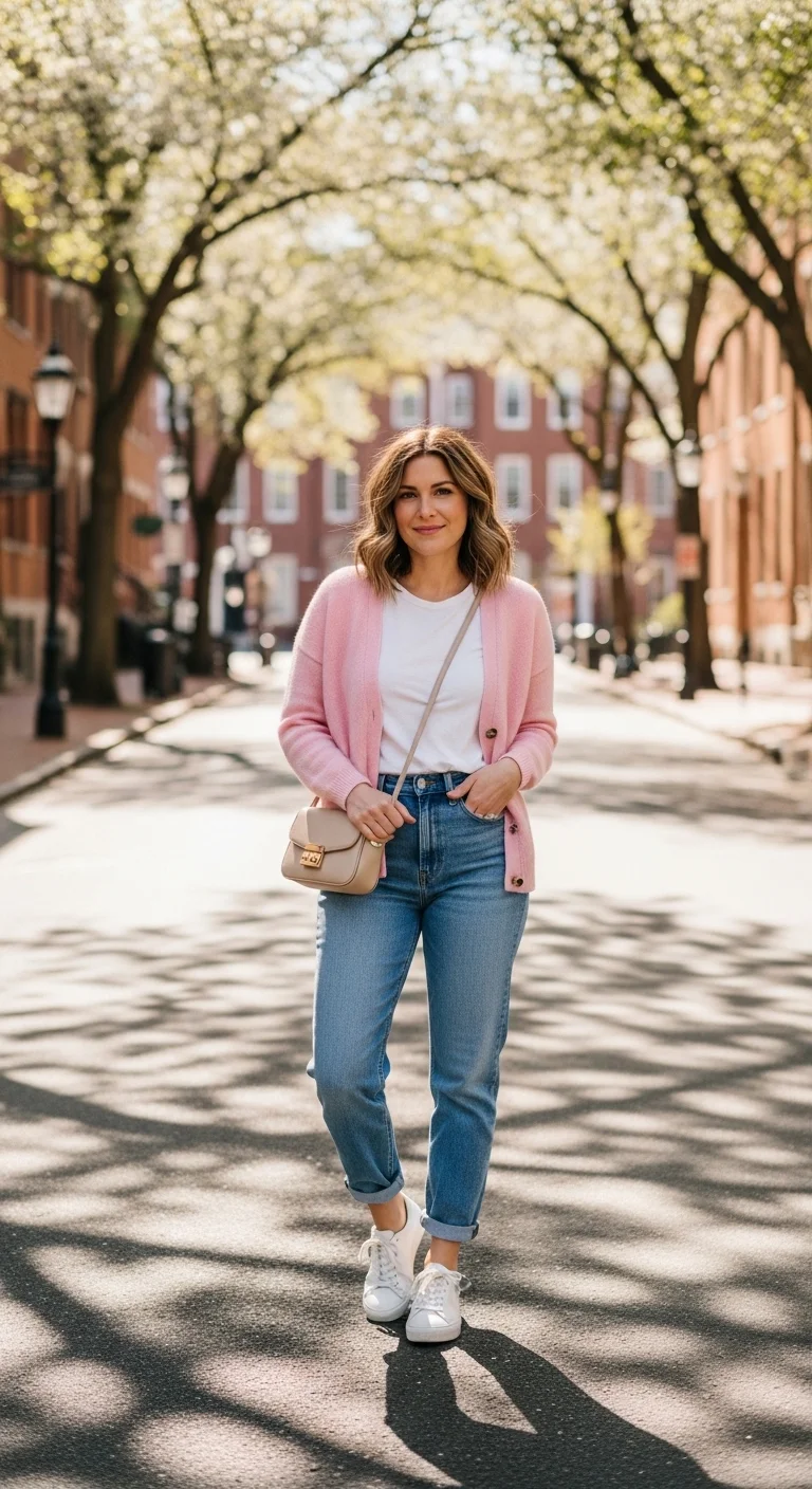 Woman wearing pastel cardigan and mom jeans, aesthetic spring outfit ideas for women 2026