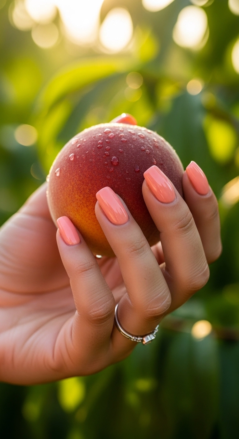 Peach colored manicure in summer setting for casual summer nails ideas