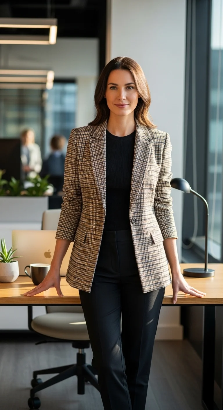 Woman wearing plaid blazer with black outfit for fall business casual outfits for women in 2025