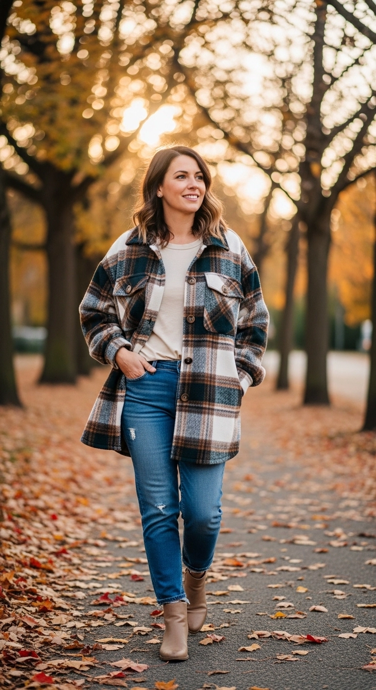 trendy fall outfits for women in 2026 plaid shacket casual look