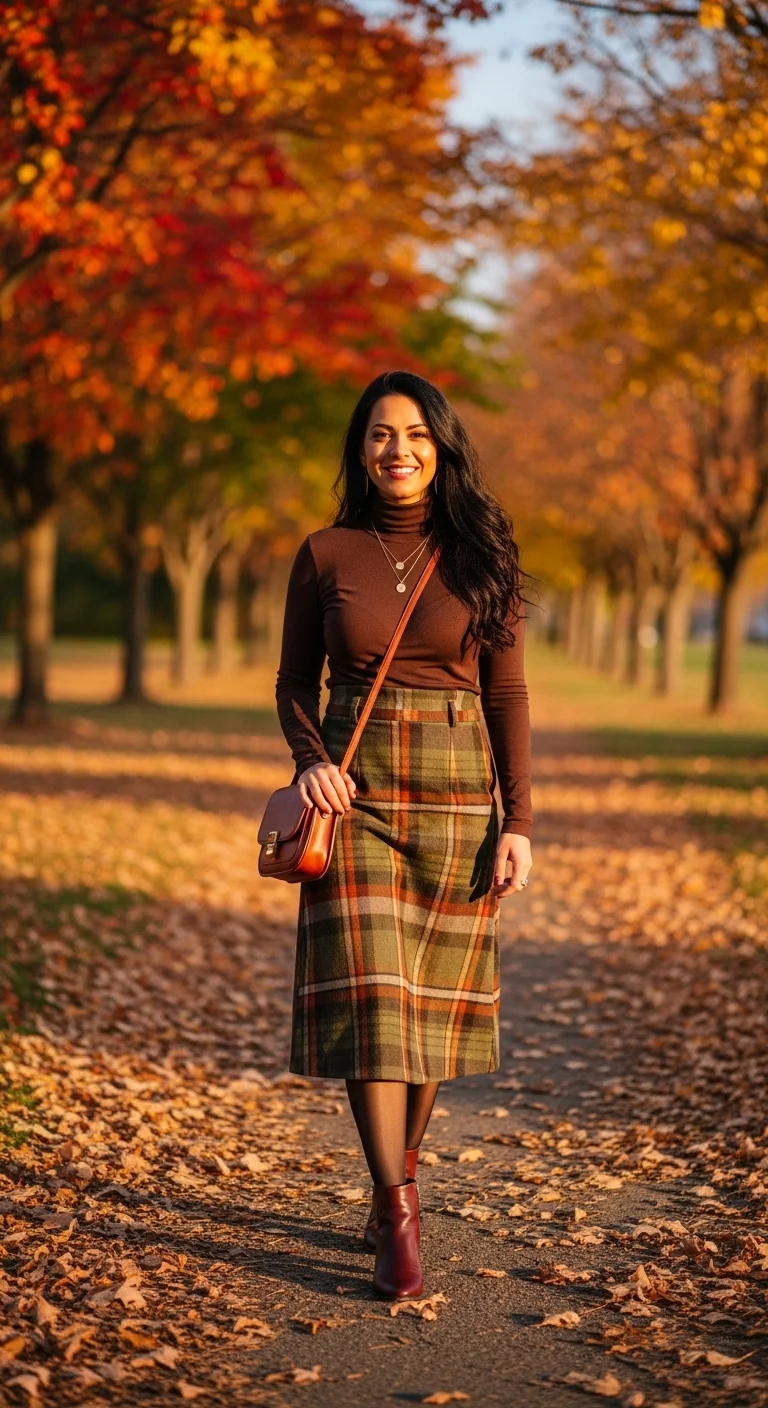 Turtleneck and plaid skirt for fall birthday outfits for women in autumn of 2025
