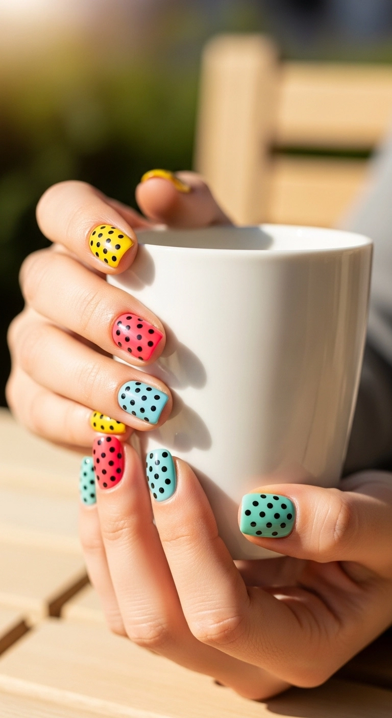 bright summer nails ideas with colorful polka dot nail designs
