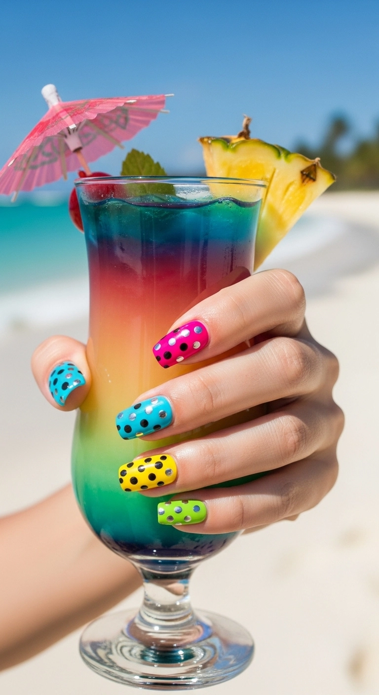 colorful beach nails ideas with bright polka dot nail designs