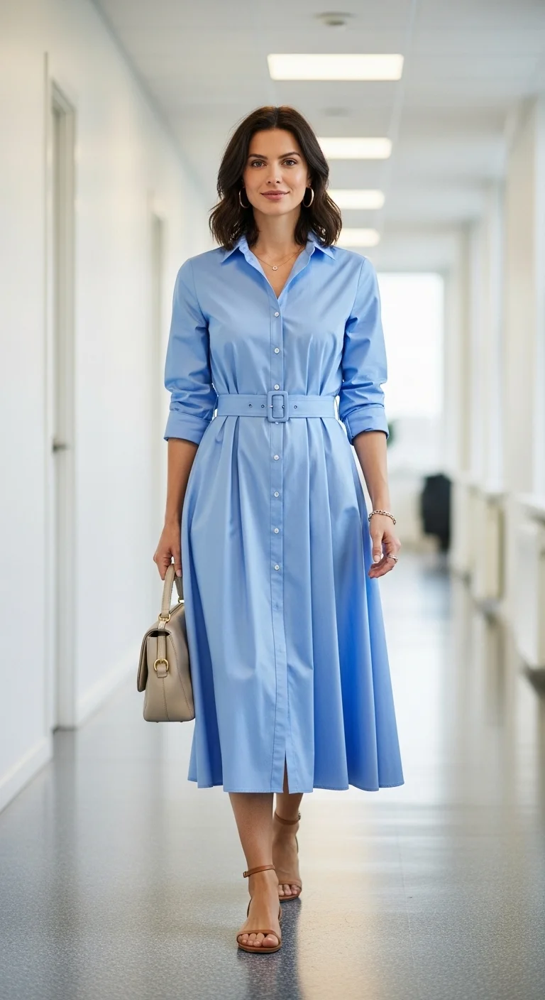 Spring office outfits for women in 2026 with poplin shirt dress and belt