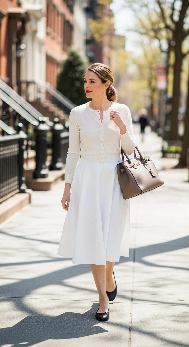 Modest spring outfits 2026 with white poplin midi skirt and fine-knit cardigan