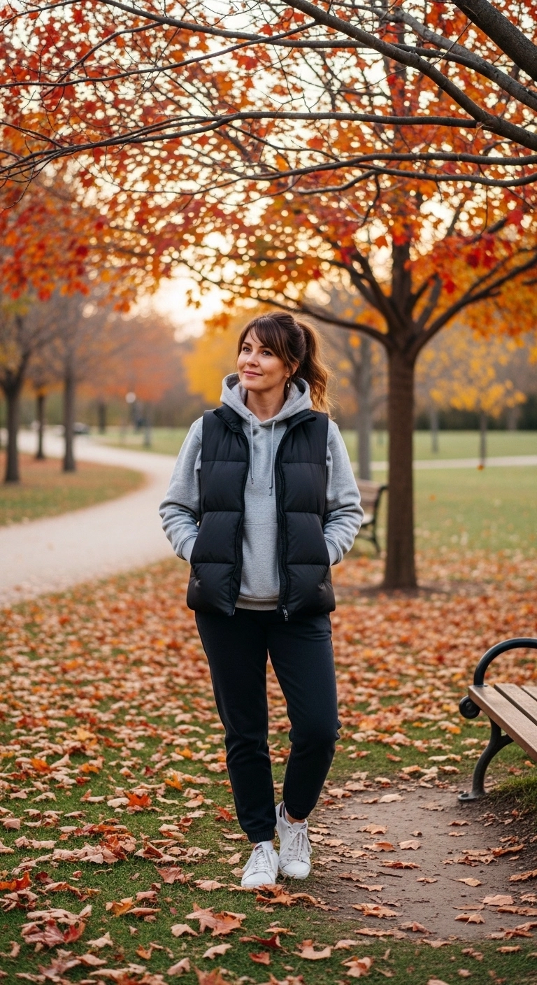 Puffer vest hoodie joggers outfit for comfy fall outfits youll love in autumn 2026