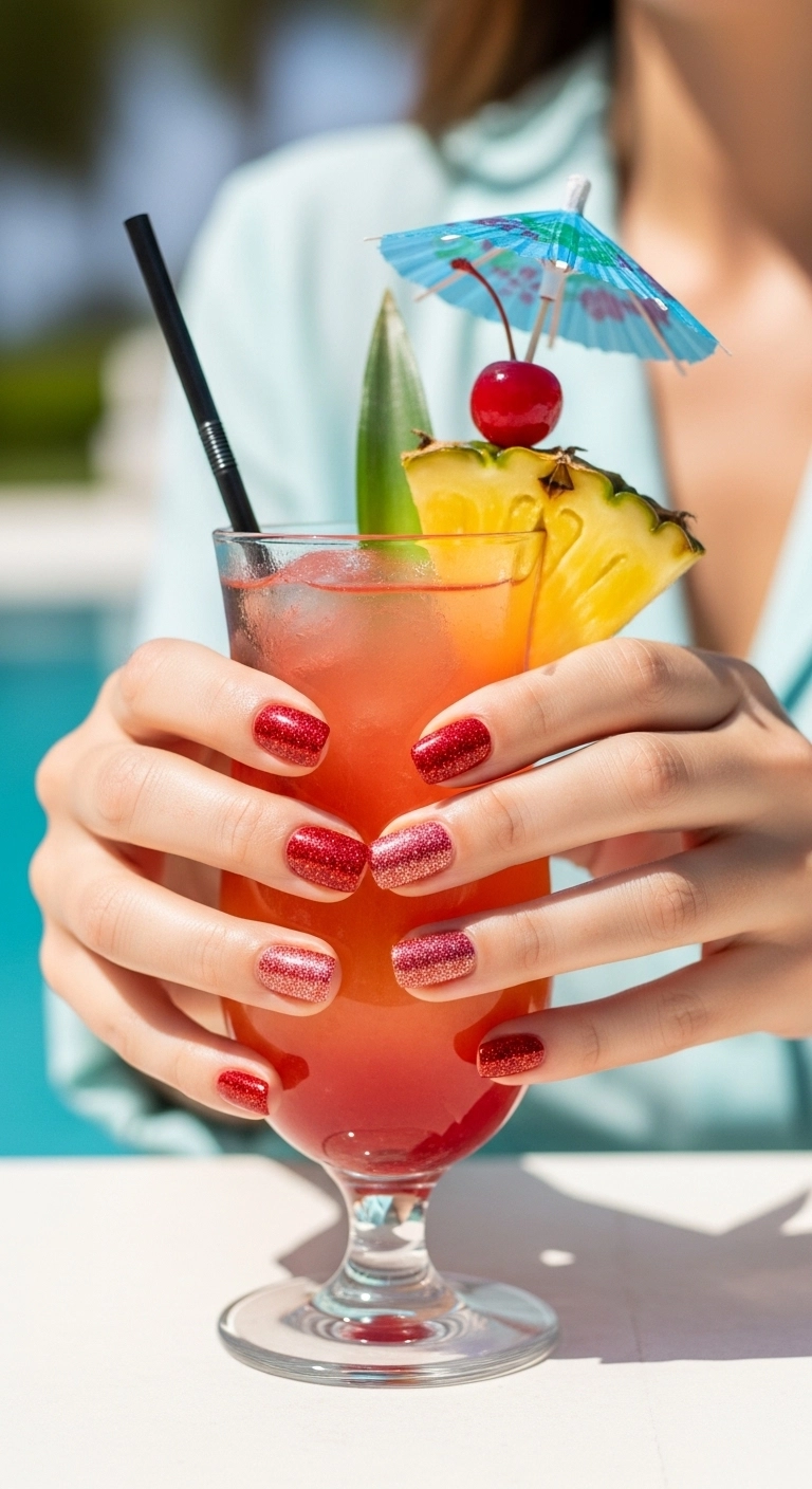Red glitter gradient nails on hands holding a tropical cocktail in summer sunlight.