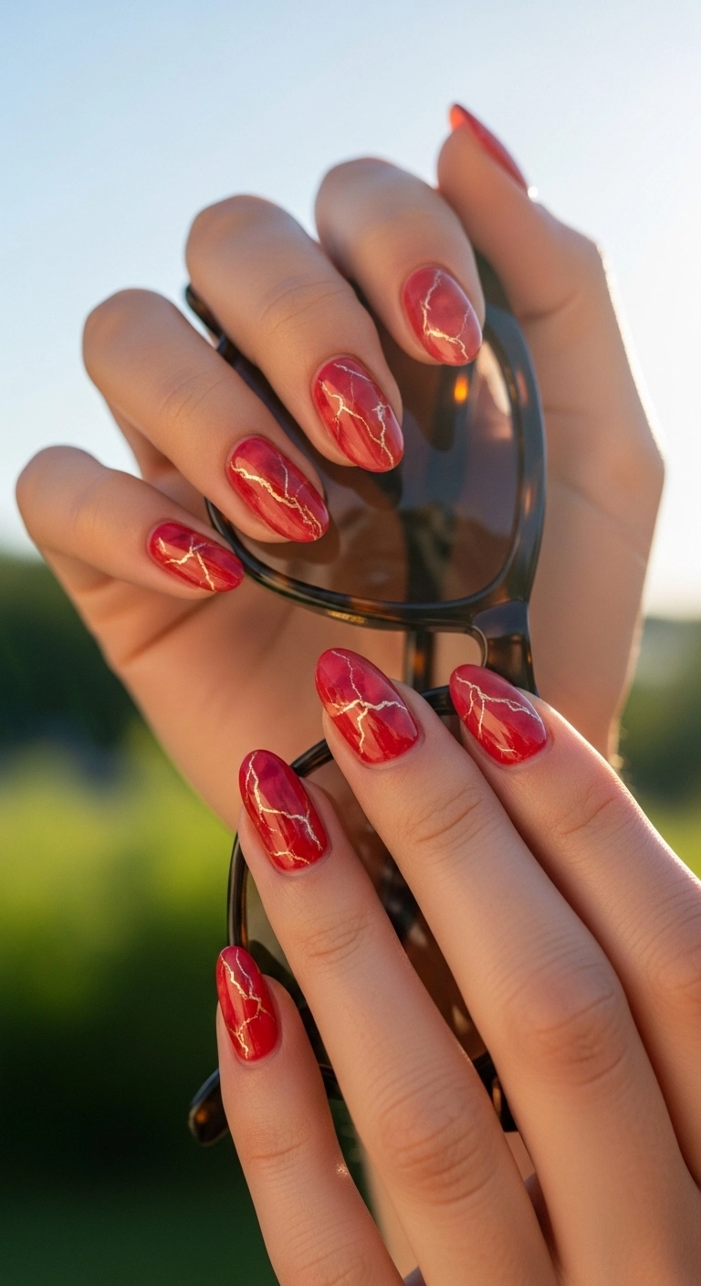 Red marble effect nails with gold veins on womanâs hands holding sunglasses outdoors in summer.