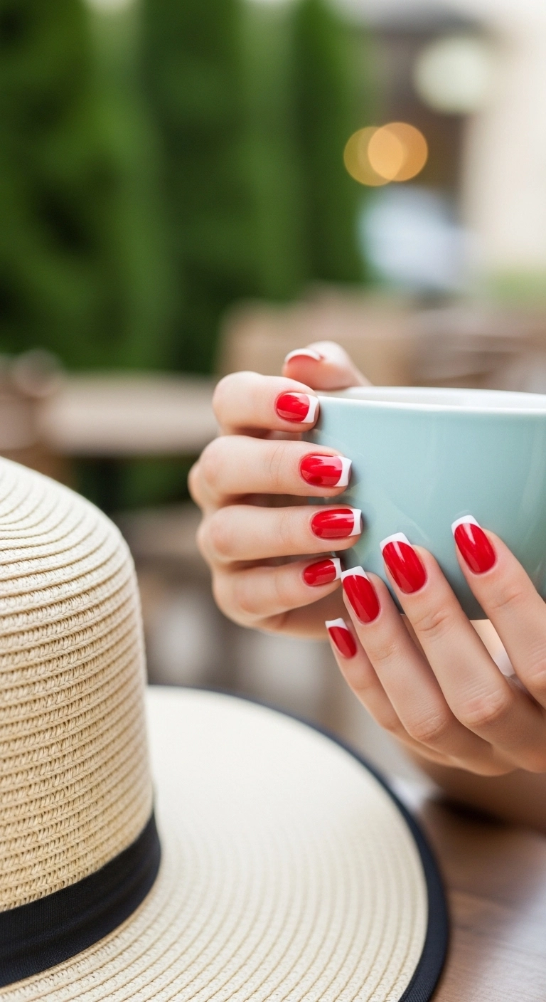 Red nails with white tips on a womanâs hands holding a pastel coffee cup in a sunny summer setting.