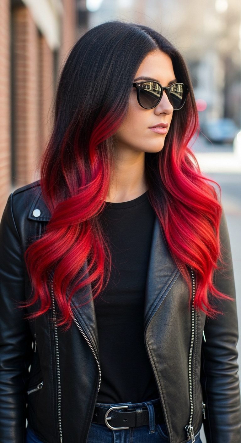 Woman with red ombre hairstyle representing modern Red Hair Color Ideas.