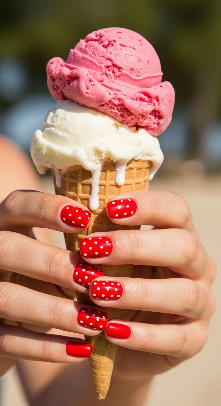 Red nails with white polka dots holding an ice cream cone in a playful summer setting.