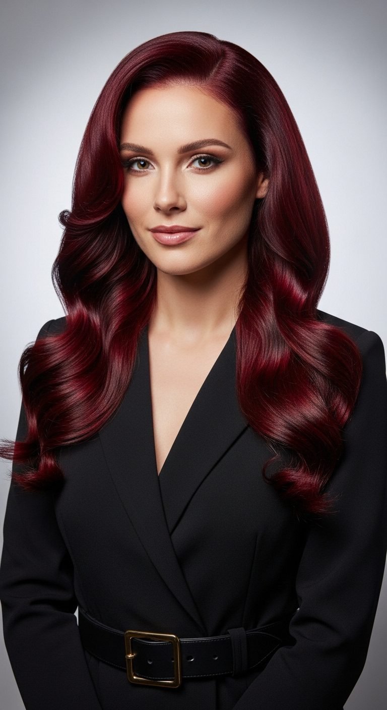 Woman with red velvet hairstyle showing rich glossy Red Hair Color Ideas.