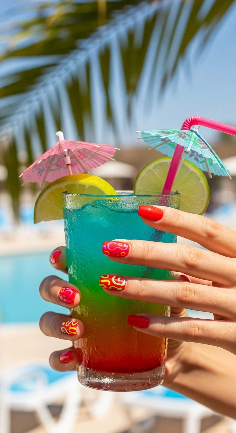 Red nails with neon accents on womanâs hands holding a colorful summer drink outdoors.