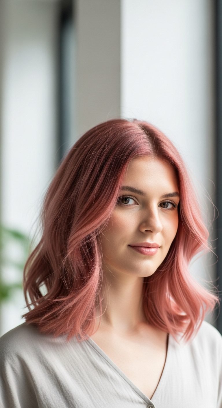 Woman with rose red hairstyle showing soft romantic Red Hair Color Ideas.