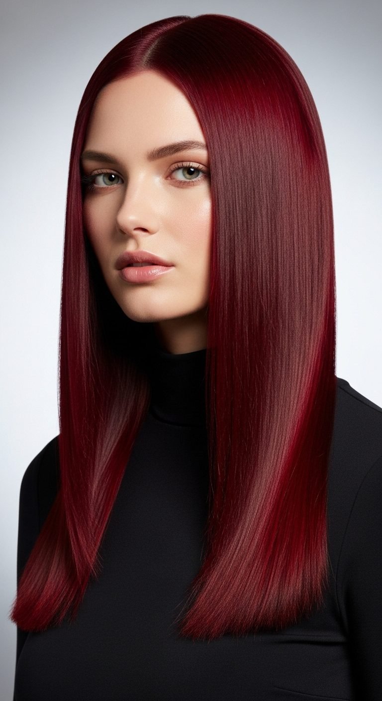 Woman with ruby red hairstyle showing bold jewel-toned Red Hair Color Ideas.