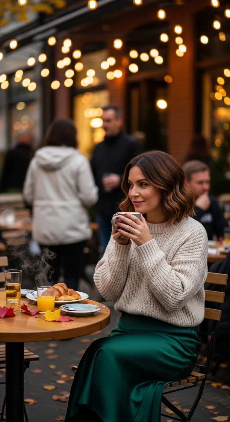 fall going out outfits for women during autumn 2026 satin skirt knit sweater look