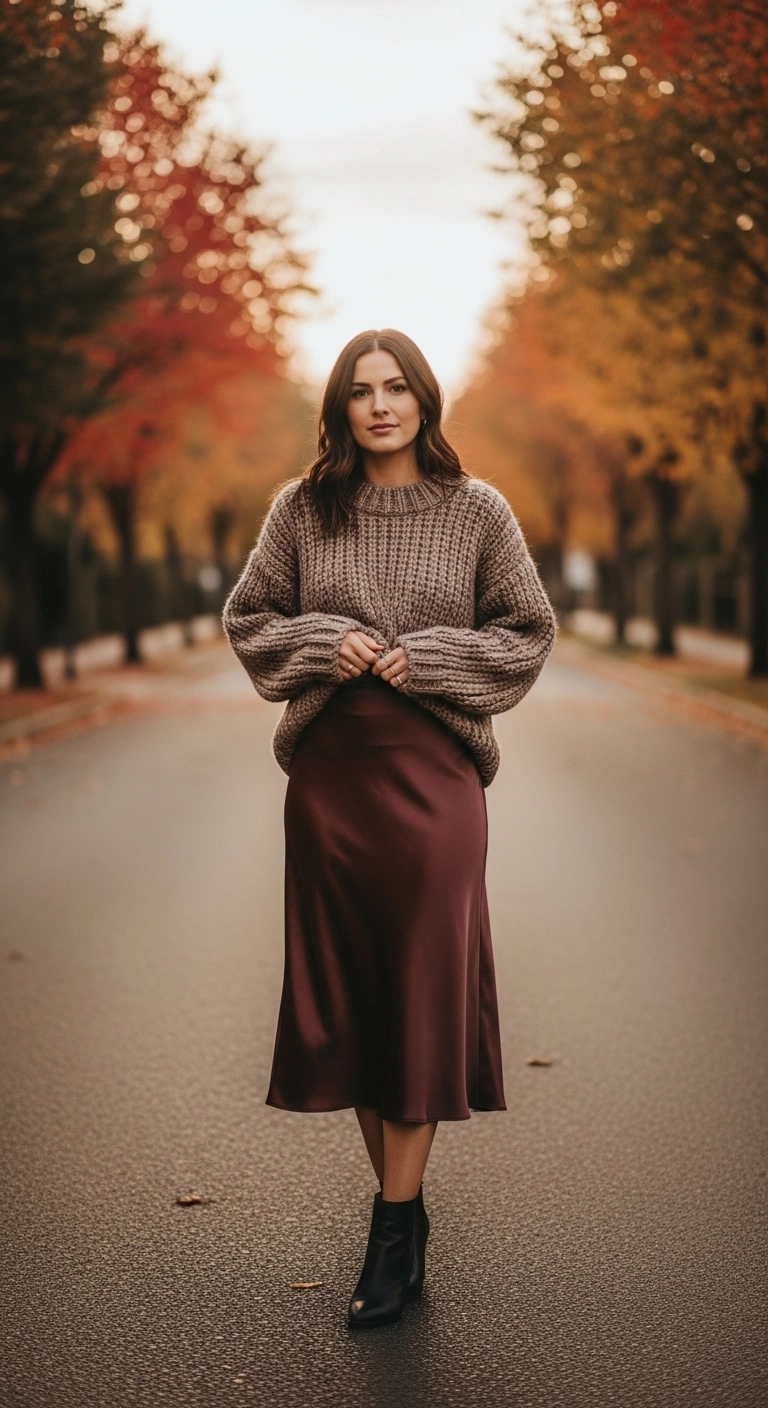 Satin skirt with chunky sweater as early fall outfits for women in autumn 2026