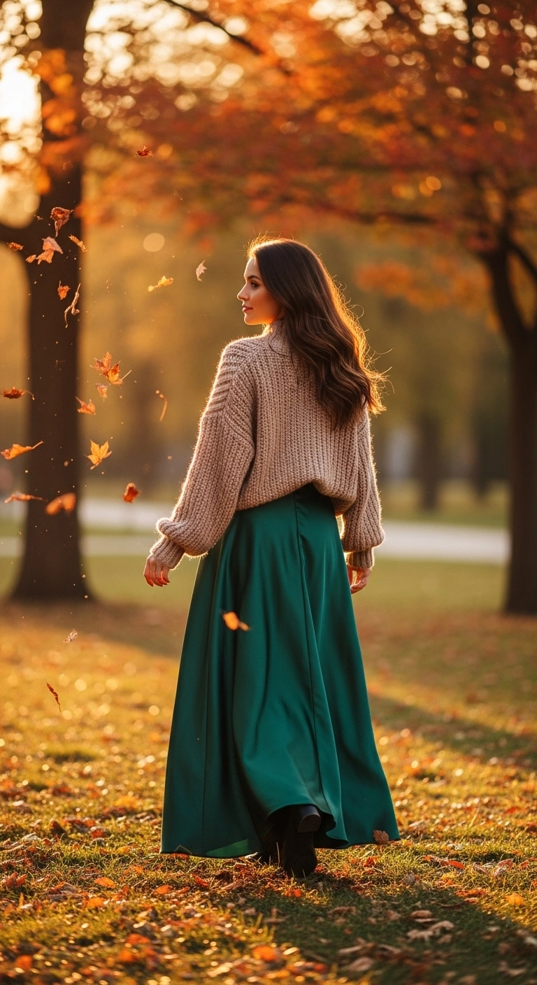 trendy fall outfits for women in 2026 satin skirt oversized knit combo