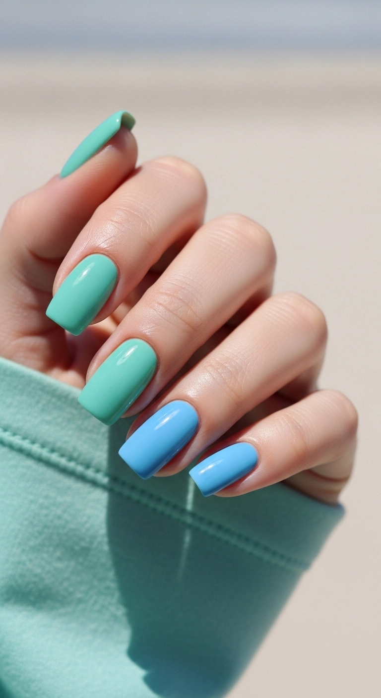 Hand showing alternating seafoam green and blue summer nails.
