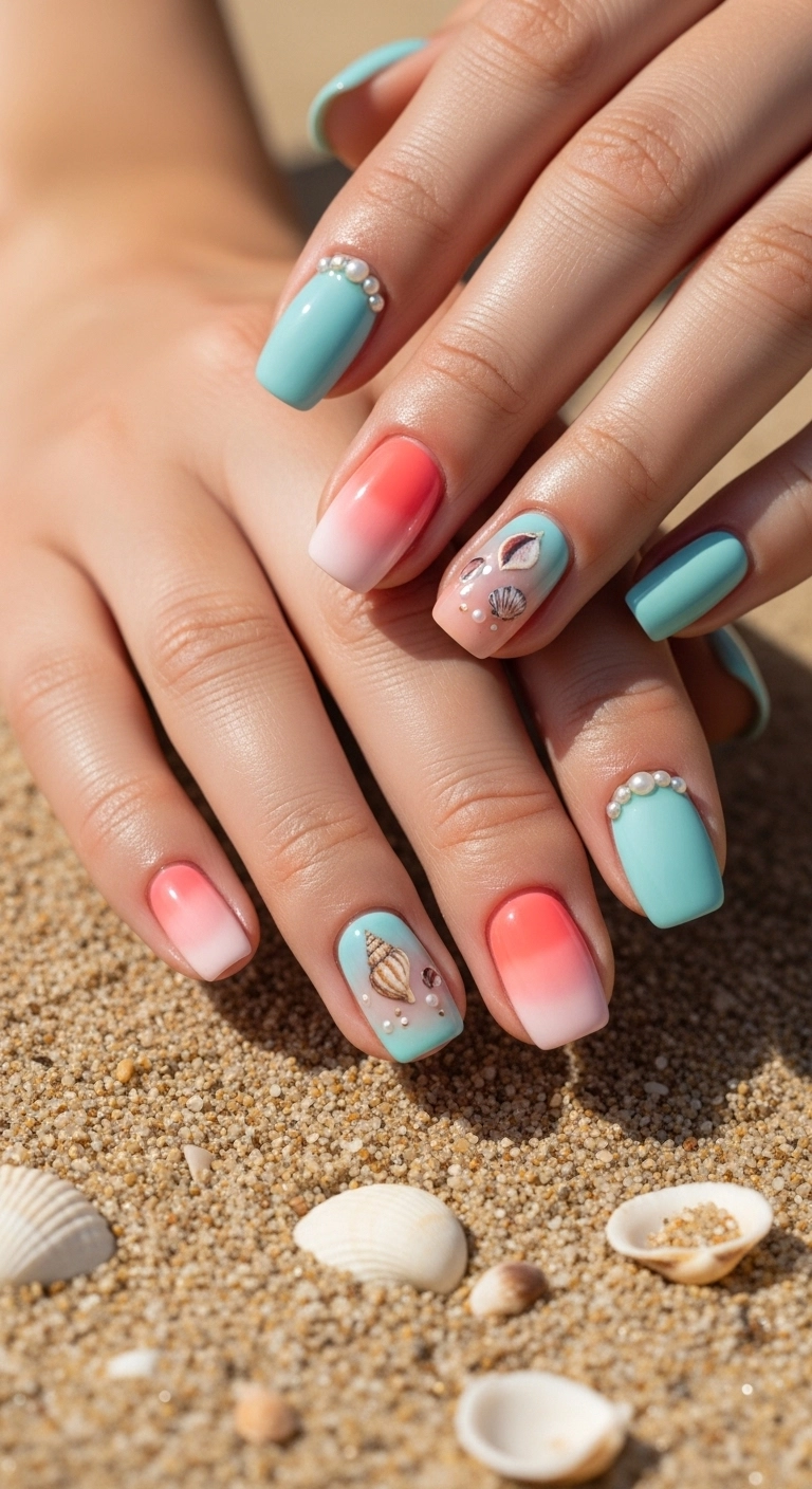 colorful beach nails ideas with seashell accent nail designs