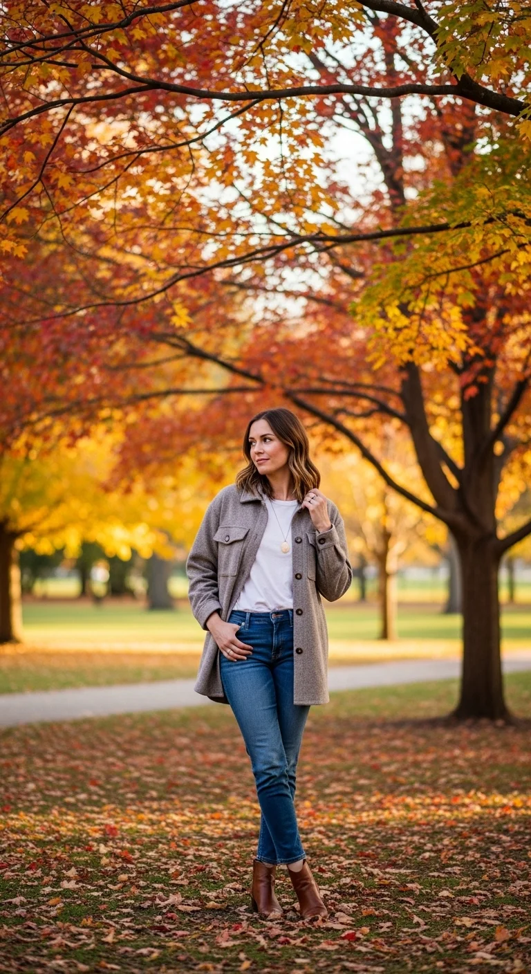 Shacket layered over basics casual fall outfits for women in autumn 2025