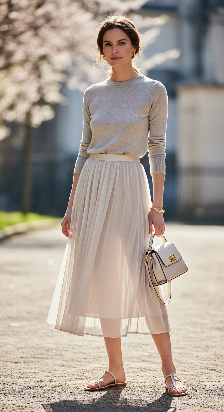 Spring outfits with skirts 2026 with sheer skirt simple knit and minimal sandals