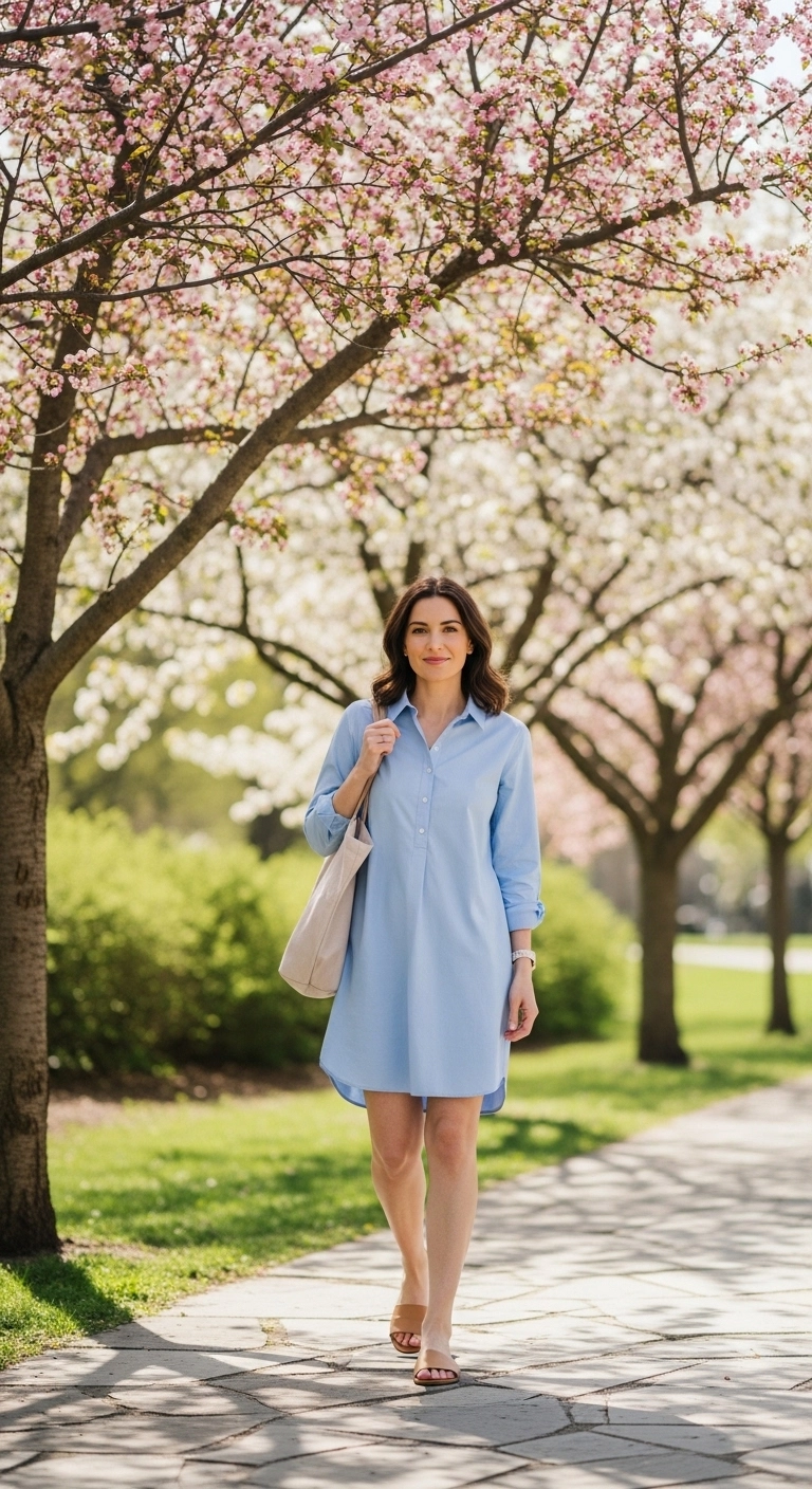 Modest spring outfits 2026 with light blue shirt dress and flat sandals