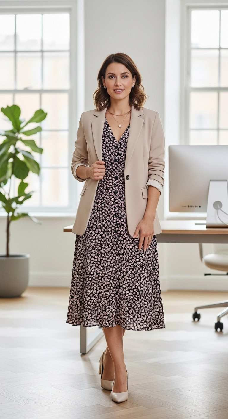 Spring business casual outfits 2026 with short-sleeve sweater and full-length trousers