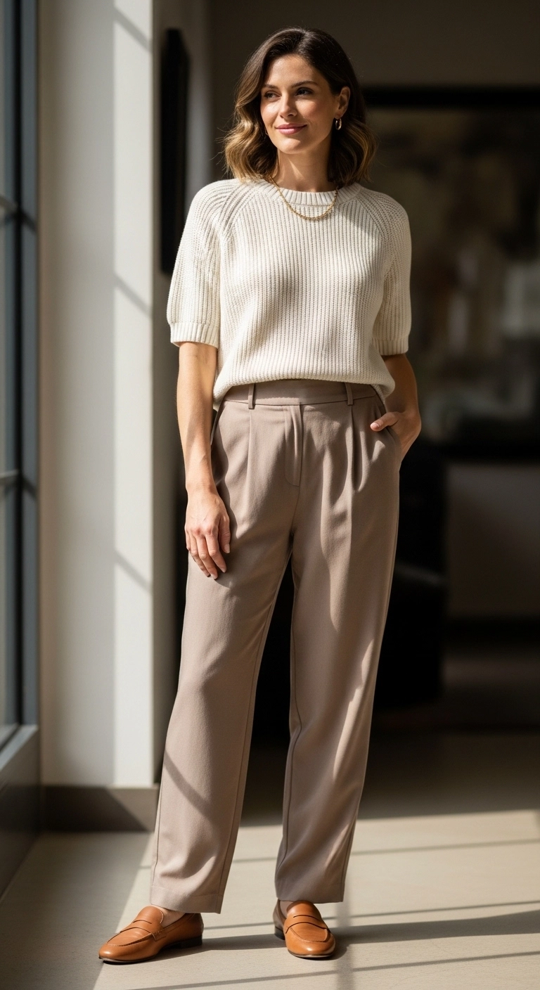 Light spring outfits 2026 with short-sleeve sweater and relaxed trousers