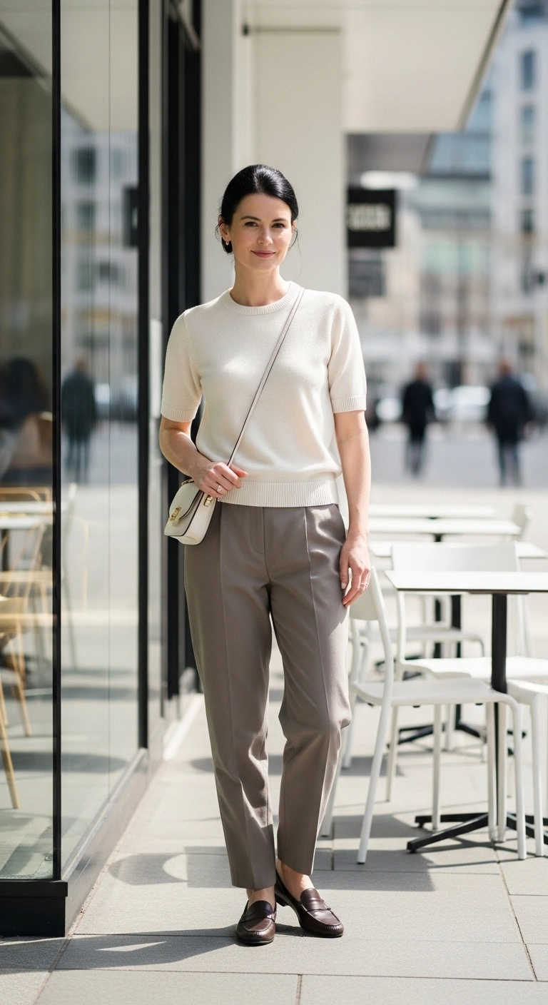 Comfy spring outfits 2026 with short-sleeve sweater and relaxed trousers
