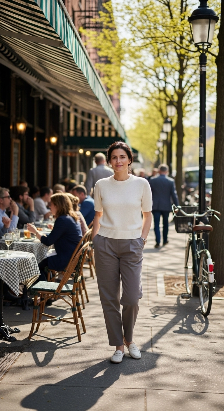 Modest spring outfits 2026 with short-sleeve sweater and relaxed trousers