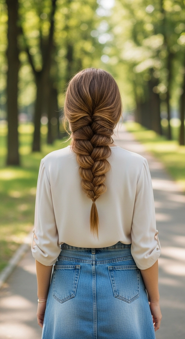 Woman wearing a relaxed side braid hairstyle, a simple summer hairstyle for long hair.