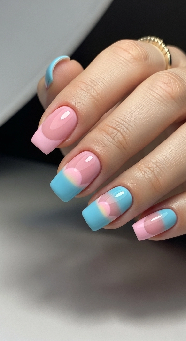 Hand with sunset-inspired summer nails, half pink and half sky blue.