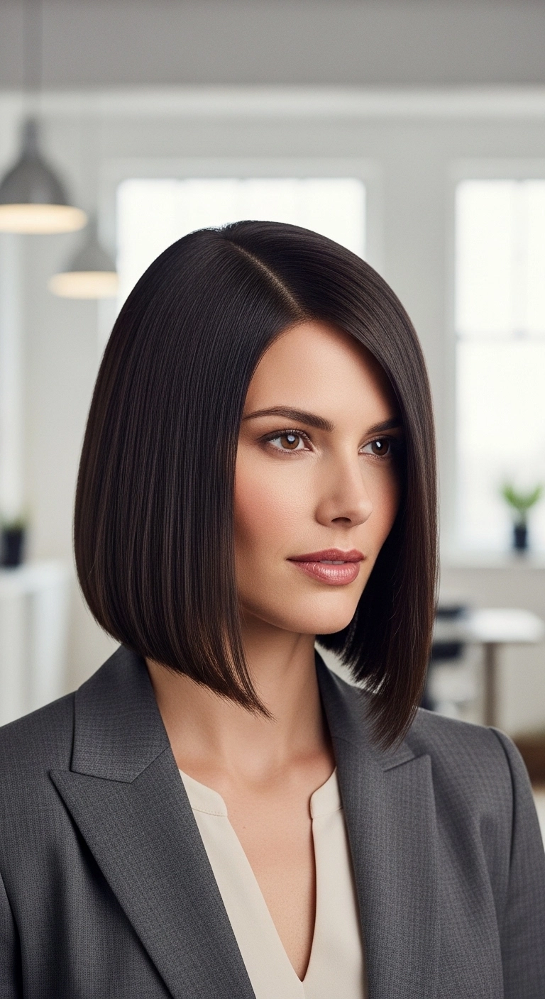 Sleek angled bob short hairstyle for thin fine hair polished look