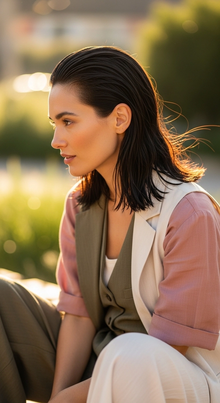 Medium hair slicked-back hairstyle, bold and stylish summer look