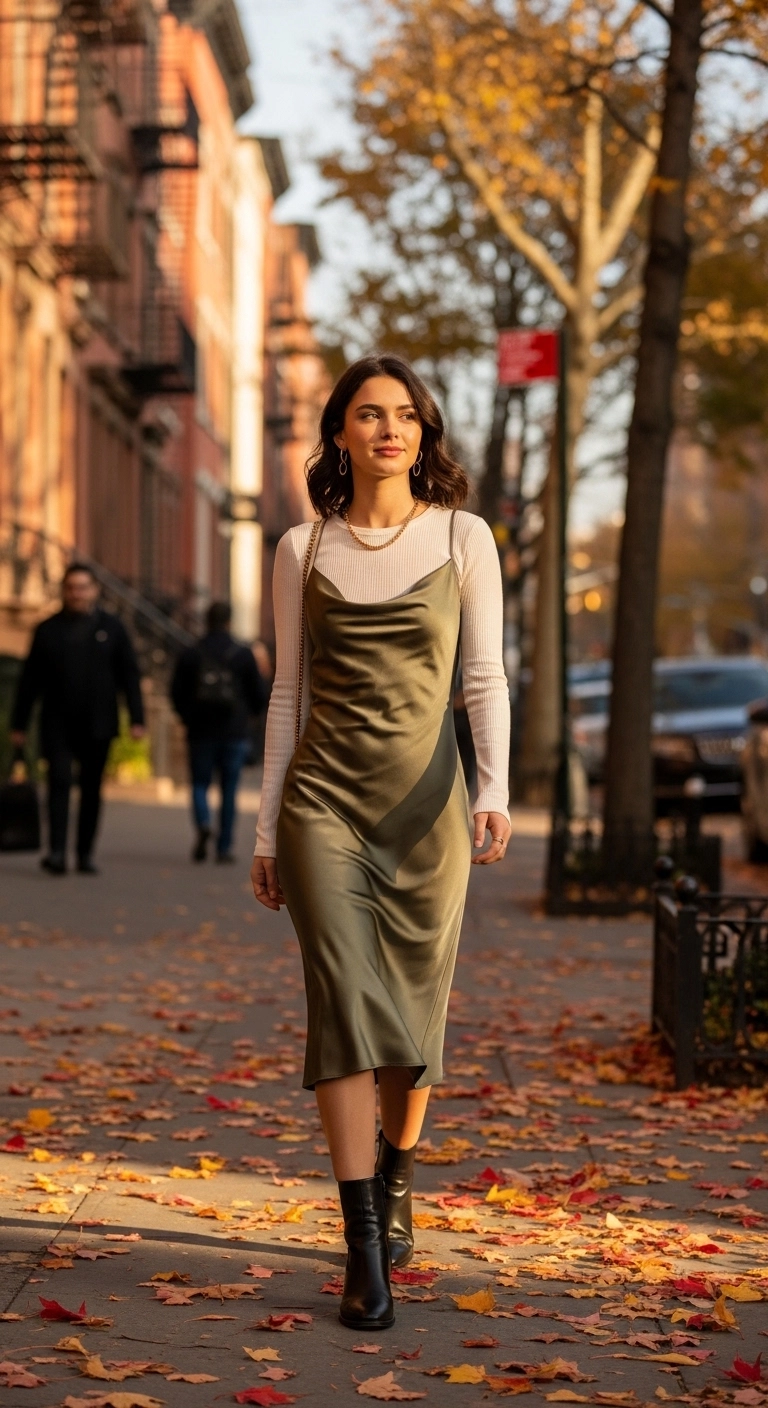Woman wearing a slip dress over long-sleeve tee for summer to fall transition outfits for women in 2025.