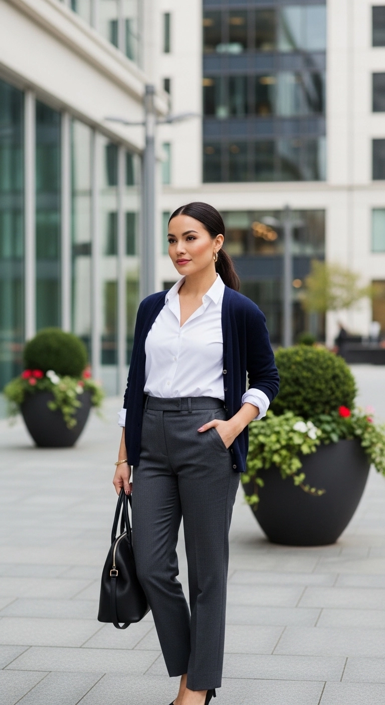 early spring outfits for women 2026 button-down with cardigan trousers