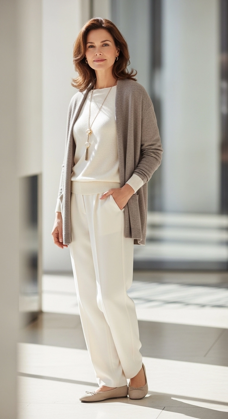 Comfy spring outfits 2026 in monochrome soft neutrals