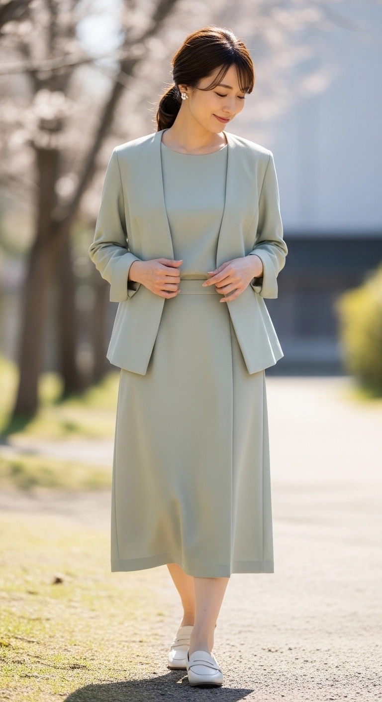 Modest spring outfits 2026 with soft neutral matching skirt set
