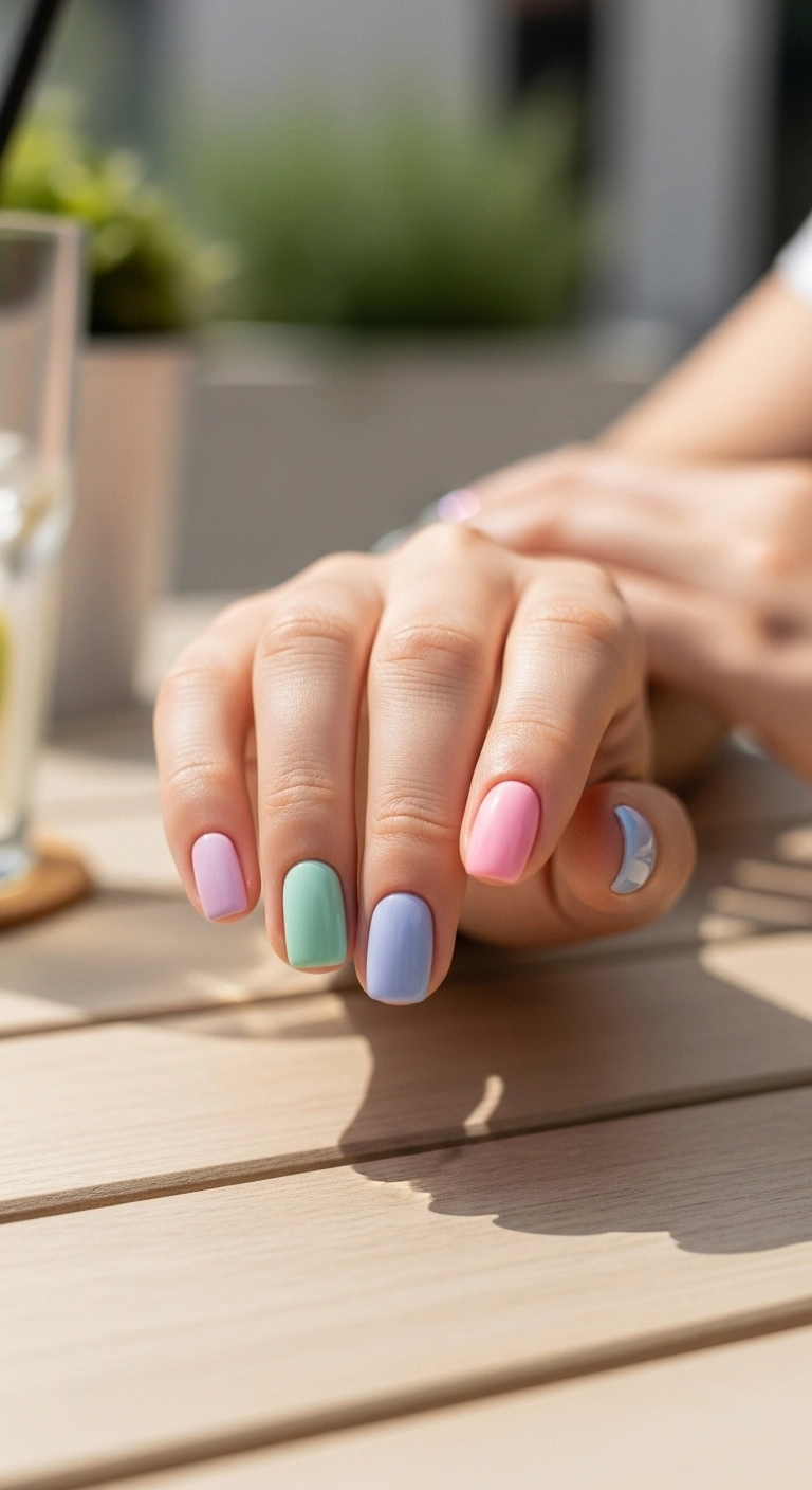 Soft pastel casual summer nails ideas featuring baby pink, lilac, mint green, and sky blue glossy manicure in natural sunlight
