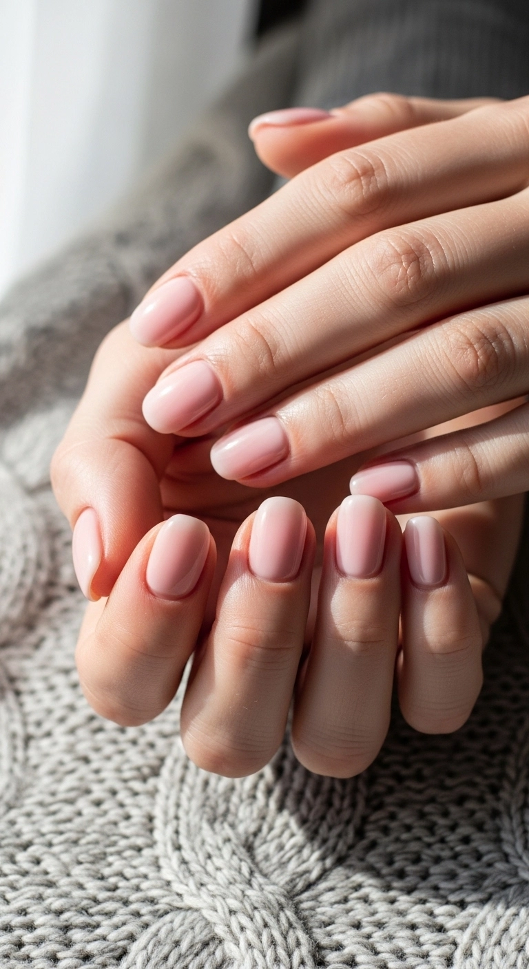 Soft pink short nails winter style