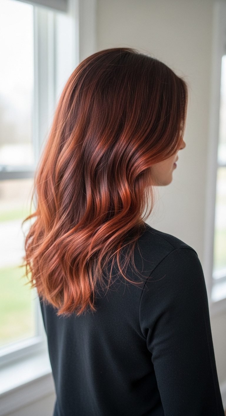 Woman with soft red highlights showing subtle Red Hair Color Ideas.