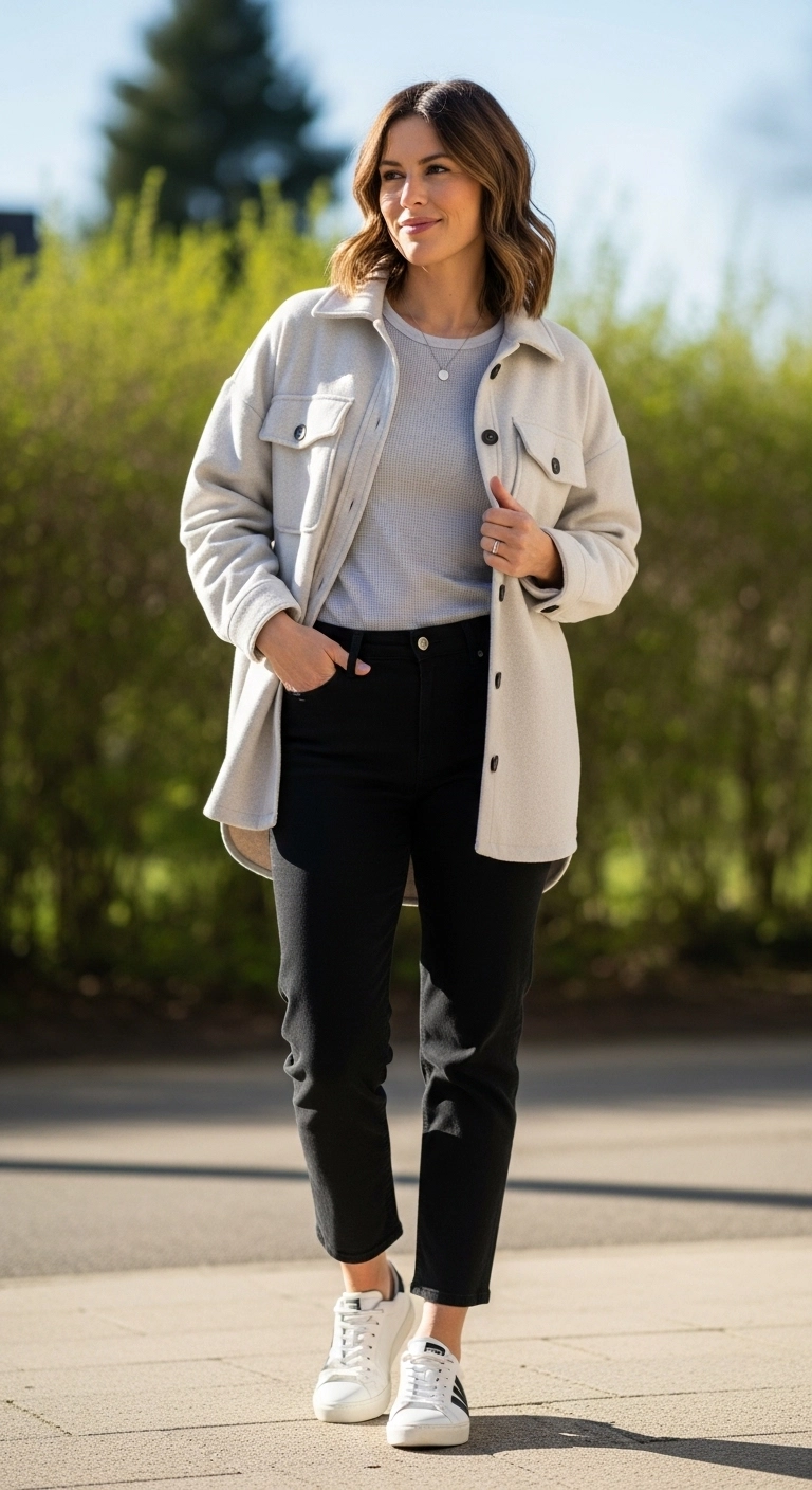 Warm spring outfits for women 2026 with soft shacket, thermal tee, and black jeans