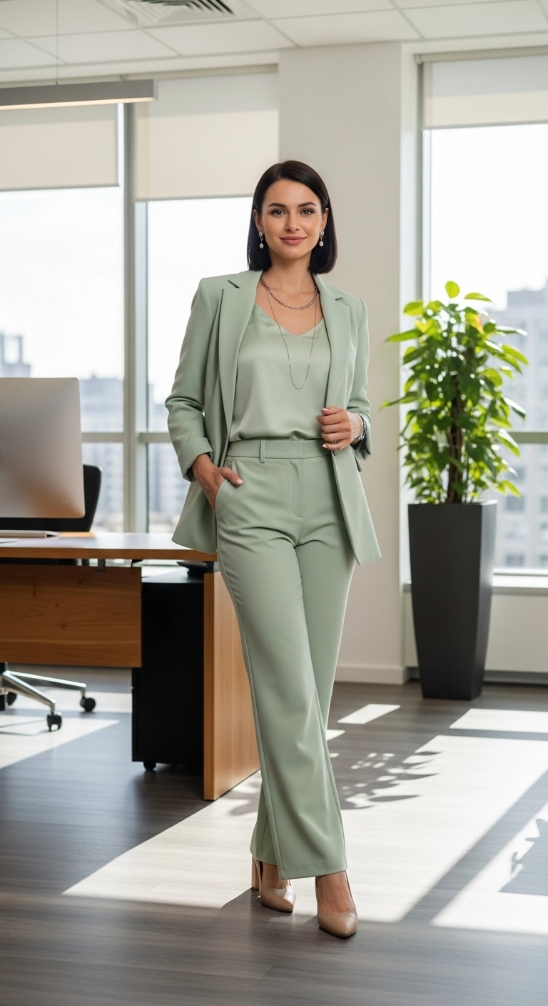 Spring office outfits for women in 2026 with matching suit set and sleeveless shell top