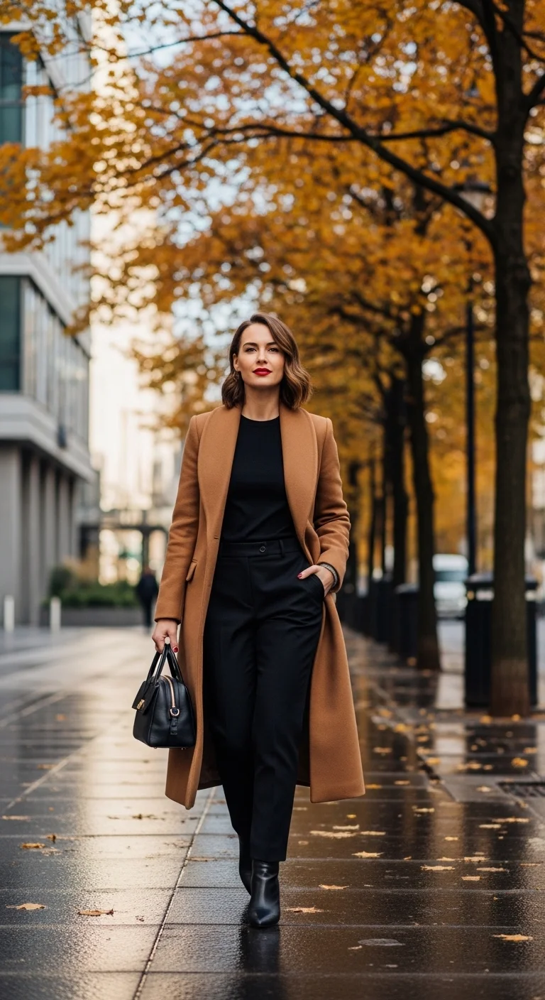 All black outfit with statement coat for fall birthday outfits for women in autumn of 2025